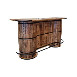 Super-Seat | Mango houten horeca bar 200x65x110cm | Mangohout met bruine structuurafwerking, gebogen onderstellen, zwarte metalen voetensteun. | Horecameubilair