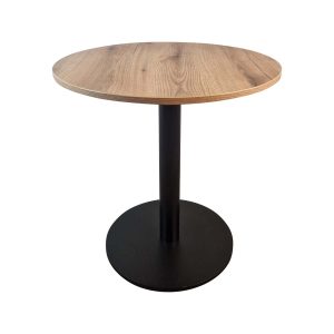 Super-Seat | Table à manger ronde en bois | Table ronde avec un plateau en chêne brun clair, une colonne centrale noire et une large base noire. | Mobilier de restauration