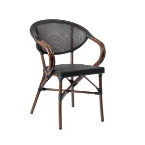 Super-Seat | Textileen Horeca Terrasstoel | Metalen frame met geweven zitting, kleuren zwart en bruin, perfect voor buitengebruik. | Horecameubilair