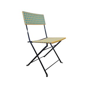 Super-Seat | Paris kunststof rotan klapstoel | Lichtgewicht zwart metalen frame met boho blauw en geel rasterpatroon. | Horecameubilair