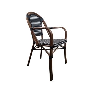 Super-Seat | Chairs and Tables Description | black wicker hospitality chair with brown frame, black and white braided seat and back. | Hospitality Furniture