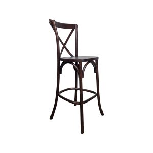 Super-Seat | Cross Back Stack Barstools | Dark brown wooden barstool with X-back and round seat; flared legs, footrest. | Hospitality Furniture