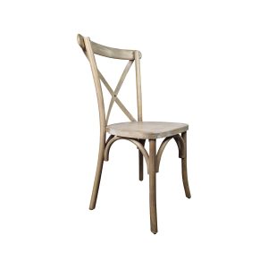 Super-Seat | The Cross Back Stack Chairs Vintage Wood | Rustic Wood. Neutral shade. X-back, curved legs. Timeless and simple design. | Hospitality Furniture