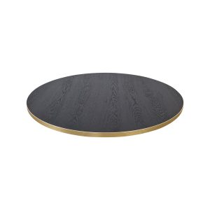 Super-Seat | De Urban Melamine Tafelbladen | Rond tafelblad met donkere houtnerf en zwarte messing rand, 67cm diameter. | Horecameubilair