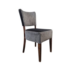 Super-Seat | The Lisa Hospitality Chairs Chair | Wooden frame, gray fabric with black stripes, curved horizontal and angled legs. | Hospitality Furniture