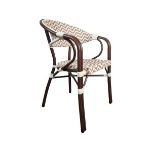 Super-Seat | The Marylin Parisian hospitality boho beige armchair | Beige, white herringbone seat/back, dark brown frame, chic and modern. |. | Hospitality Furniture