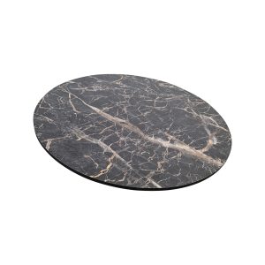 Super-Seat | HPL hospitality table tops black marble | Plateau rond foncé avec des veines blanches/brunes, sur un fond blanc uni. | Mobilier de restauration