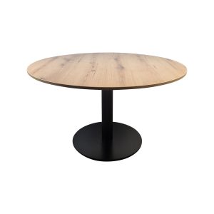 Super-Seat | De Kasteel eiken melamine tafelbladen rond 120cm | Licht hout, melamine afwerking, zwart voetstuk, moderne uitstraling. | Horecameubilair