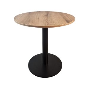 Super-Seat | Ronde 67cm Eiken Melamine Tafel | Lichtbruin blad, zwarte cilindervoet, gladde afwerking, zichtbare nerf. Duurzaam voor Horeca. | Horecameubilair