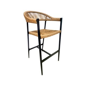 Super-Seat | Prague patio bar stools | Black metal frame, natural wicker seat, curved back, vertical weave. | Hospitality Furniture