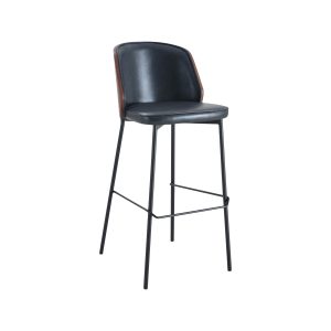 Super-Seat | The New York Design Bar Stools Wood Black Leather | Tabouret de bar moderne avec assise en cuir noir, pieds fins en métal et accent en bois brun foncé. | Mobilier de restauration