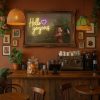 Super-Seat | Ein gemütliches Café mit Holzmöbeln, einer Kaffeemaschine, Keksdosen... | Holzplatten und Tische in warmen Farbtönen, Antik-Goldfarben und Neonkunst. | Horecameubilair