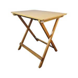 Super-Seat | Parade Folding Tables | Light brown wood, metal hinges, rectangular top, crossed legs, light wear. | Hospitality Furniture