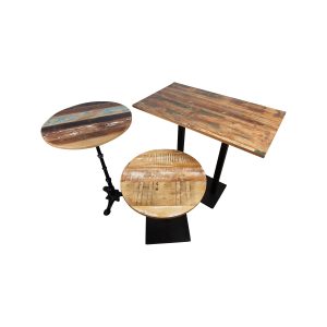 Super-Seat | Color the World Outlet | The set consists of three tables with weathered wood in different shades and metal bases. | Hospitality Furniture