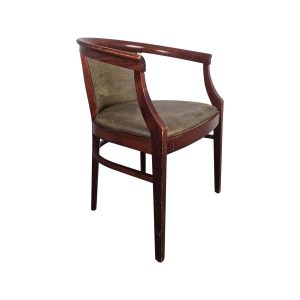 Super-Seat | Bauhaus Curve wooden Art Deco armchairs red mahogany | Chair with curved carpet, vertical slats, green fabric, dark mahogany finish. | Hospitality Furniture