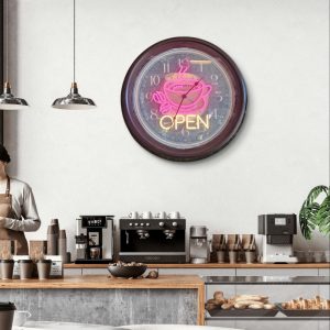 Super-Seat | Coffeehouse Decoration | Vintage metal clock in warm tones, combined with neon accents, guaranteed to create a nostalgic atmosphere. |. | Hospitality Furniture