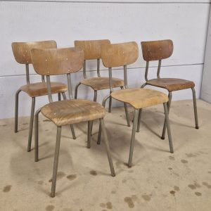 Super-Seat | A set of five Tubax Pagholz wooden school chairs | Vintage chairs with wooden seats, metal legs; natural wear and patina. |. | Hospitality Furniture