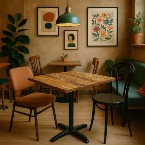 Super-Seat | Een gezellig café met een Horeca tafels mango hout 'World' serie tafel van 70x70cm en twee niet bij elkaar passende stoelen | Mango houten tafel, een groene stoffen bank, metalen en houten stoelen, warme beige tinten. | Horecameubilair
