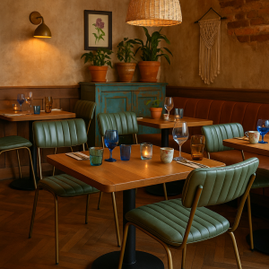 Super-Seat | Een gezellig restaurantinterieur met Aviator horecastoelen goud frame vintage groen | Goudframe groene fluwelen stoelen, houten tafels, turquoise kast. | Horecameubilair