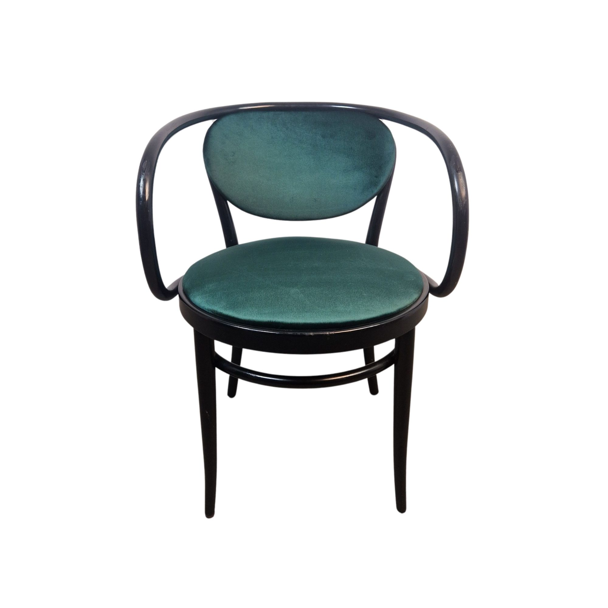 Super-Seat | Die Michael Thonet 210 Vintage Bugholz-Armstühle Mokka | Donker-Holzrahmen, gebogene Armlehnen, blaugrüne Fluwelen-Bekleidung. | Horecameubilair