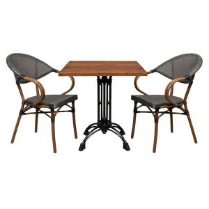 Super-Seat | Ein Horeca-Terrassenset mit Textilstühlen und Holzrahmen | Graue Textilstühle, Holzrahmen, Teakholz-Werzalit-Tisch, schwarze Metallgestelle |. | Horecameubilair