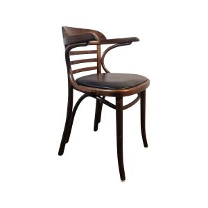 Super-Seat | De Thonet houten café fauteuils bruin / zwart | Donkerbruine houten stoel, gebogen armleuningen, zwarte stoffen zitting, horizontale rugleuningen. | Horecameubilair