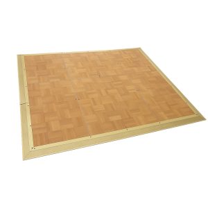 Super-Seat | Mobile dansvloer, houten vloer met messing rand ca. 15m2 | Lichtbruine houten visgraatvloer met goudkleurige messing rand. | Horecameubilair