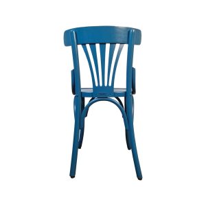 Super-Seat | The Sky Thonet Vintage Holzstühle mit Fächerlehne Blau | Blau, gebogenes Holz, vertikale Leisten, schräg gestellte Beine (Rückenansicht) |. | Horecameubilair
