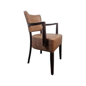 Super-Seat | The Lisa retro horeca stoelen bruin met arm | Bruin lederen stoel met donkere houten poten en armleuningen, retro uitstraling. | Horecameubilair