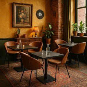 Super-Seat | Gemütliches Portland-Restaurant-Interieur mit Cognac-Low-Stühlen, schwarzen Tischen, grünen Wandgemälden, warmem Licht und Pflanzen. |. | Horecameubilair