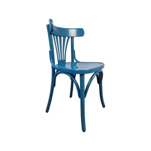 Super-Seat | Ein Sky Thonet Vintage Holzstuhl mit Fächerlehne | Blauer Holzstuhl, runde Sitzfläche, vertikale Streben, komplett aus Holz. | Horecameubilair