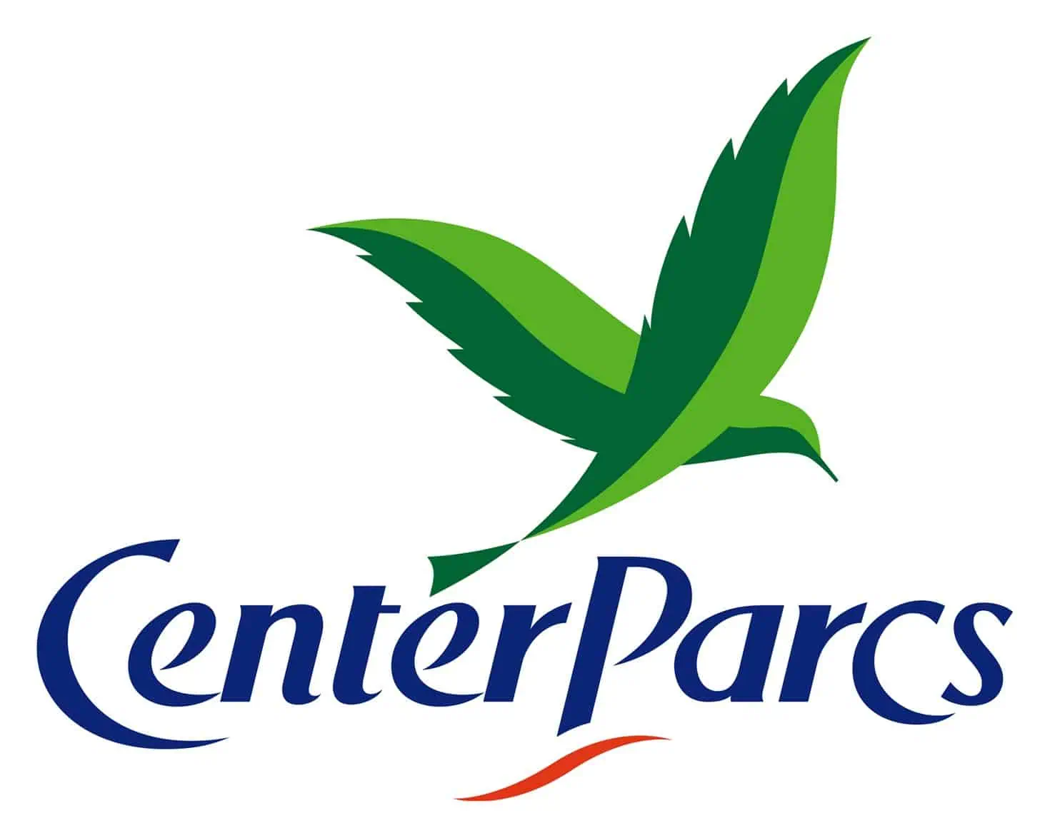 Super-Seat | Center Parcs Logo | Groen-blauwe vogel, blauwe tekst, rood accent; moderne kleuren op wit, digitaal gedrukt. | Horecameubilair