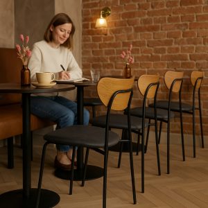 Super-Seat | Eine Frau schreibt in ein Notizbuch an einem runden Tisch in einem Café mit Stühlen im skandinavischen Design | Schwarze und weiße skandinavische Stühle rund um einen runden Tisch, mit Backsteinmauer, Glas und Kupfer. | Horecameubilair