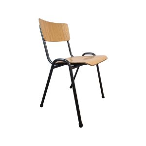 Super-Seat | The Campus vintage houten schoolstoelen stapelbaar | Vintage, stapelbare stoel met gebogen houten zitting en vloerkleed, zwart metalen frame. | Horecameubilair