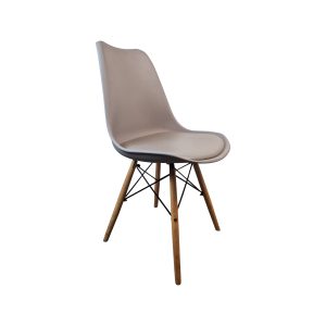 Super-Seat | The Eames Retro Design Schalensitze Grau | Lichtgrijze kunststof zitting, houten poten met zwarte metalen spijlen. | Horecameubilair